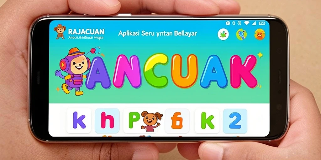 Tampilan antarmuka RAJACUAN yang cerah dan menarik untuk belajar huruf dan angka.