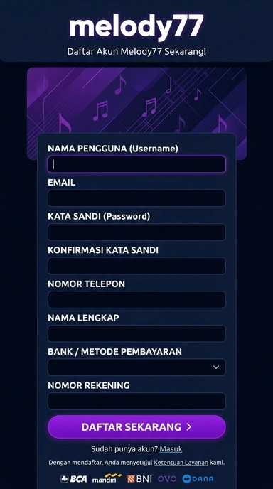 Tampilan halaman daftar melody77